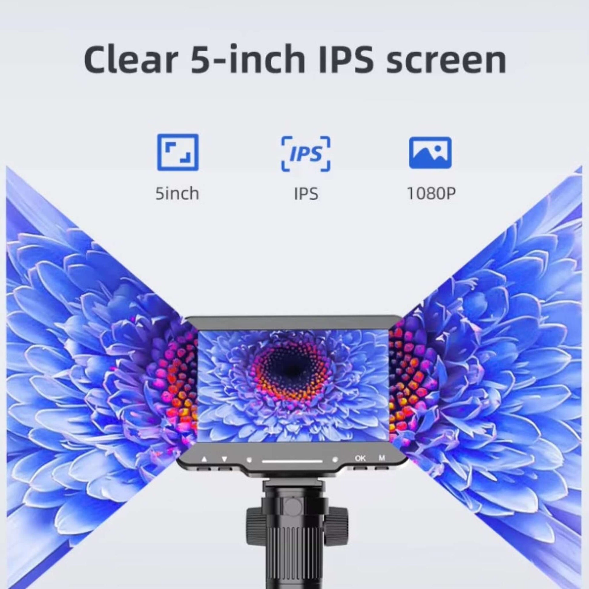 5-inch IPS screen of LP050 Digital Microscope showcasing vibrant 1080P resolution and clear details.