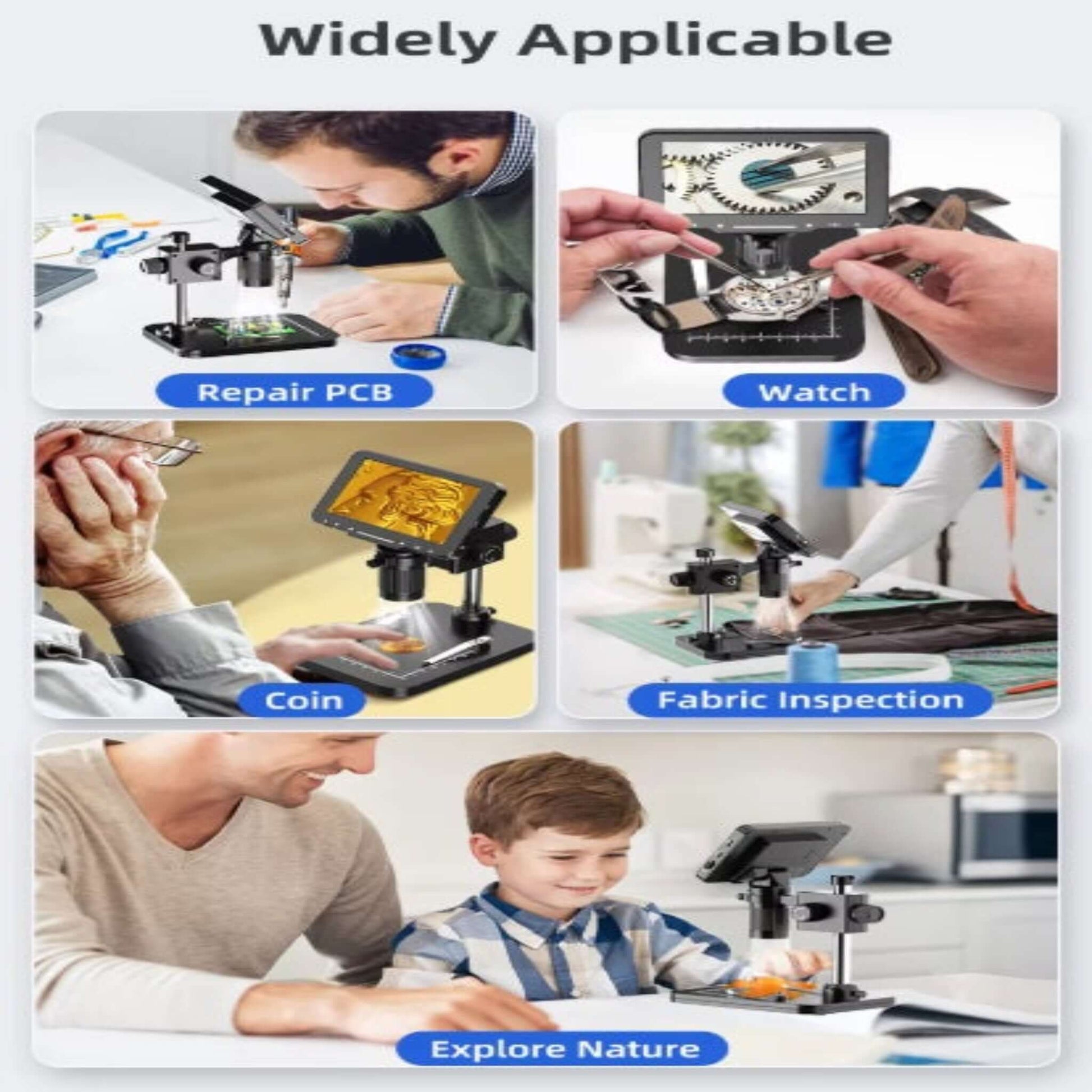 Collage of uses for LP050 microscope: PCB repair, watch inspection, coin analysis, fabric checking, and nature exploration.