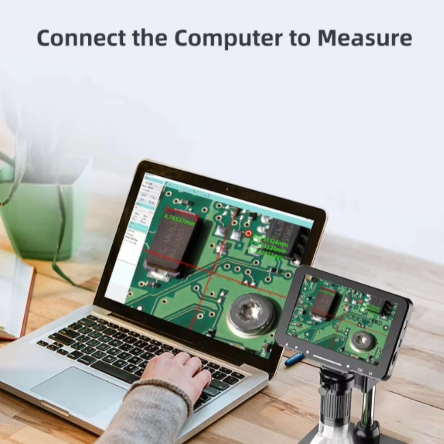 User connects a computer to a digital microscope for PCB measurement and analysis.