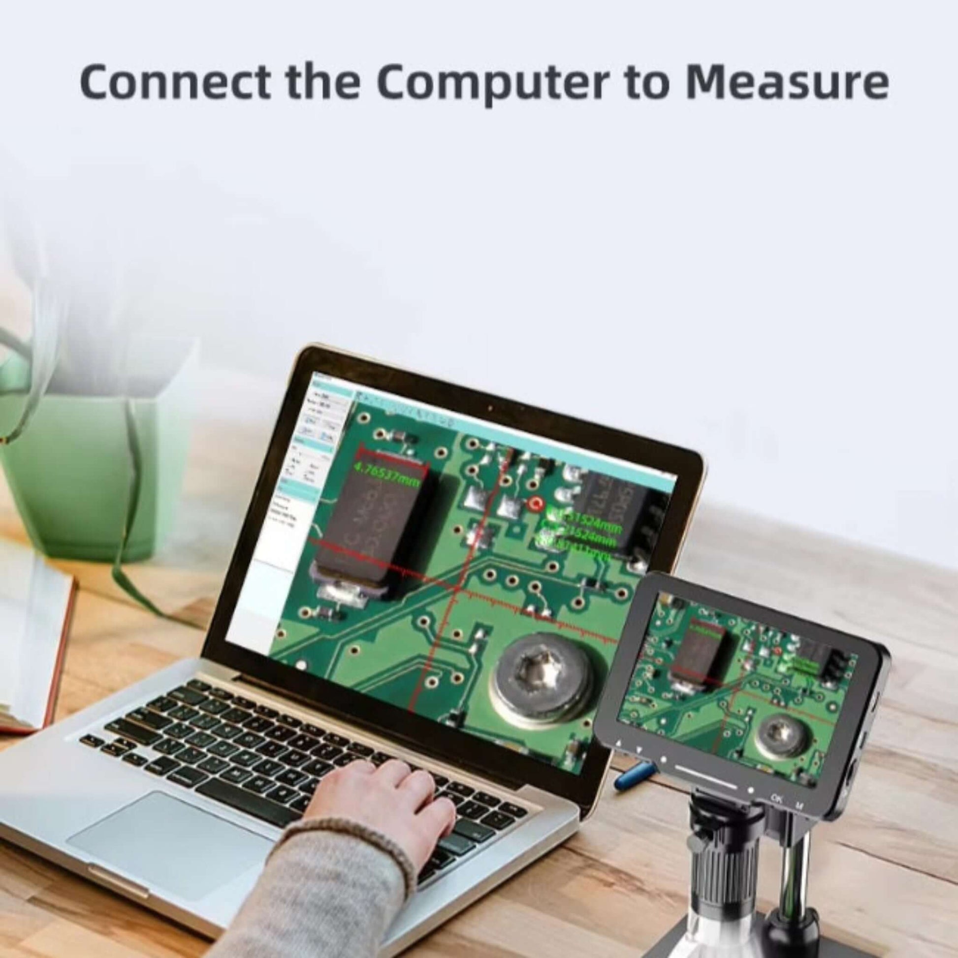 User connects a computer to a digital microscope for PCB measurement and analysis.