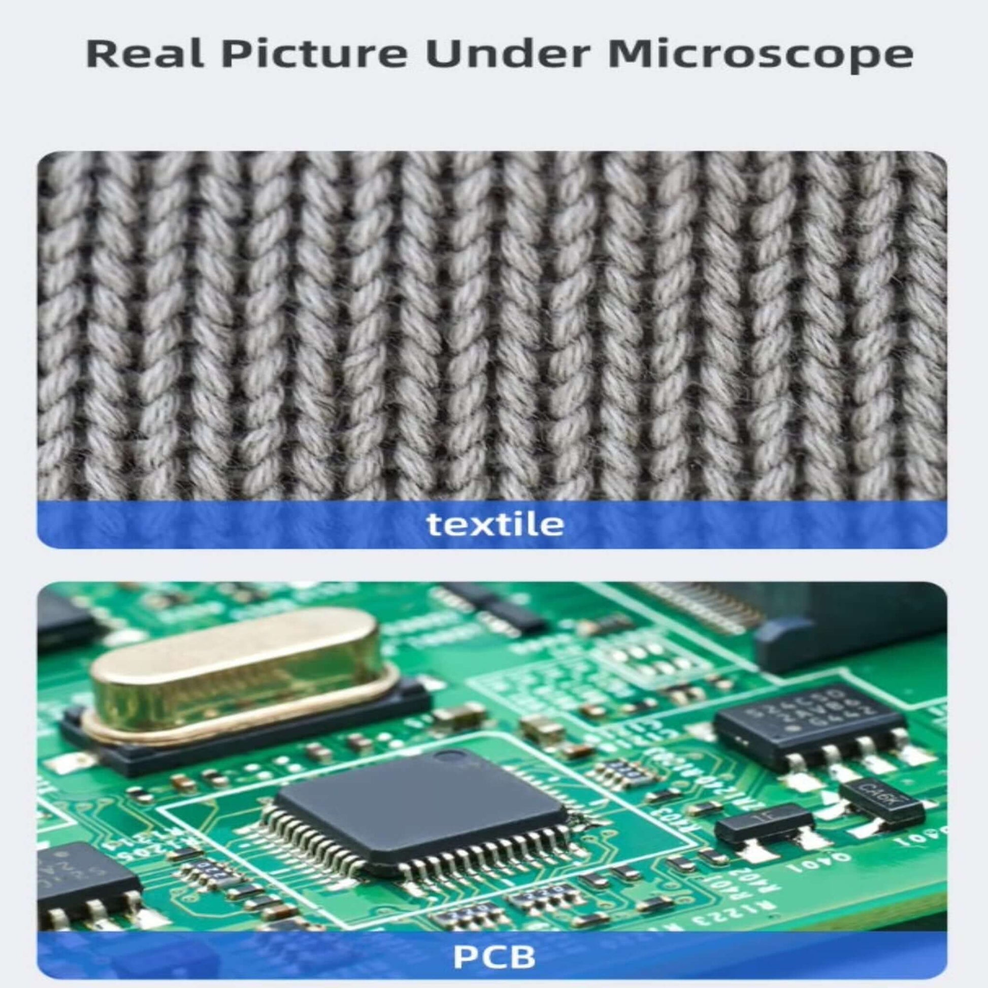 Textile and PCB images captured under the LP050 microscope, showcasing fine details and clarity.