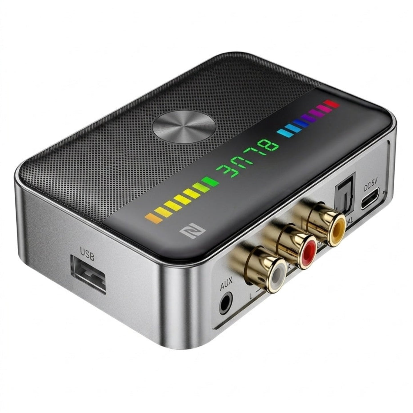 M13 Bluetooth 5.3 Audio Adapter front view with RGB rhythm lights