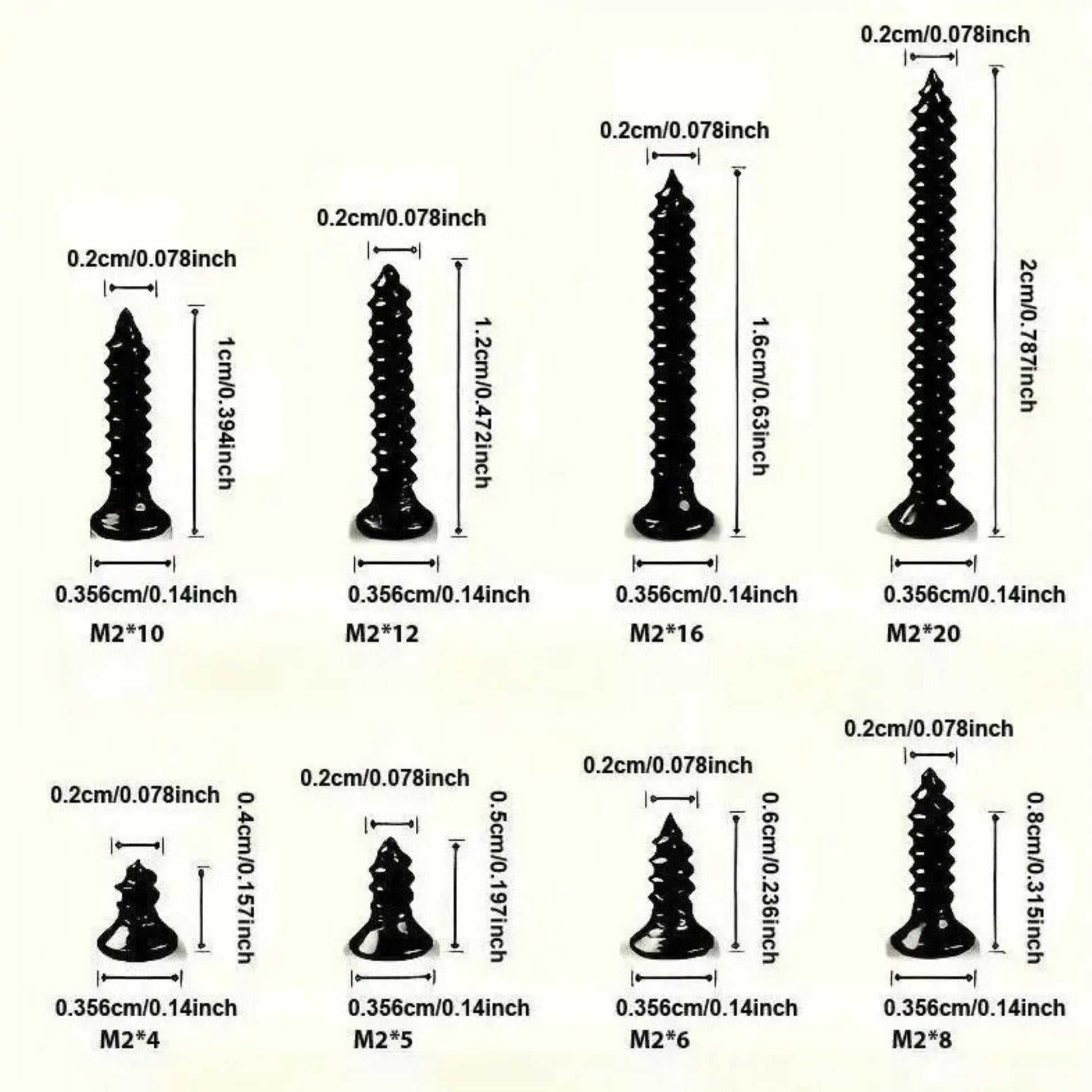 Dimensions diagram of M2 self-tapping screws showing lengths from 4mm to 20mm and head diameter.
