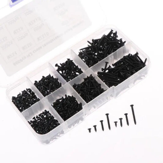 Close up of M2 cross countersunk head screws with black finish for woodworking and DIY.