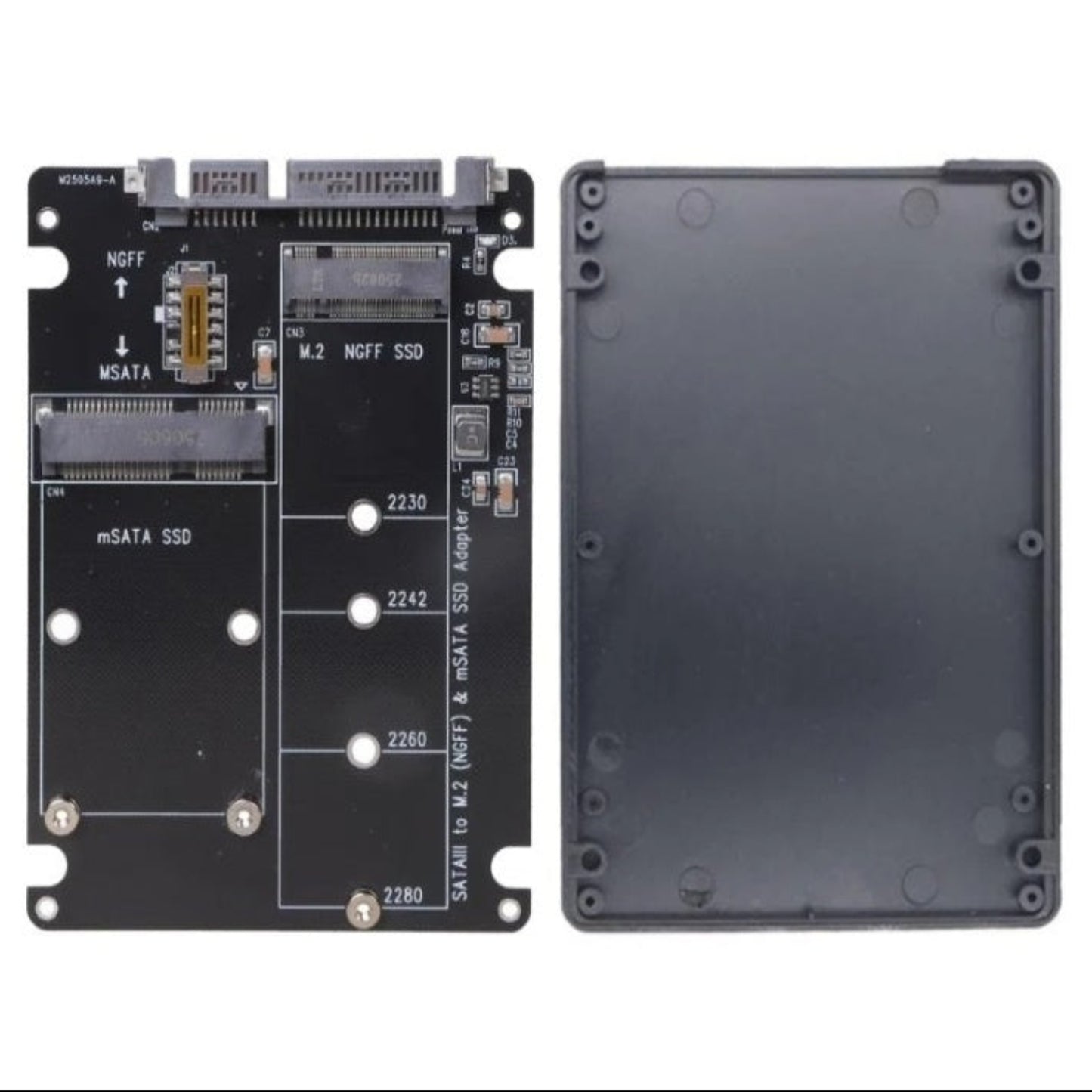 Front view of 2-in-1 M.2 and mSATA to SATA adapter board showing toggle switch