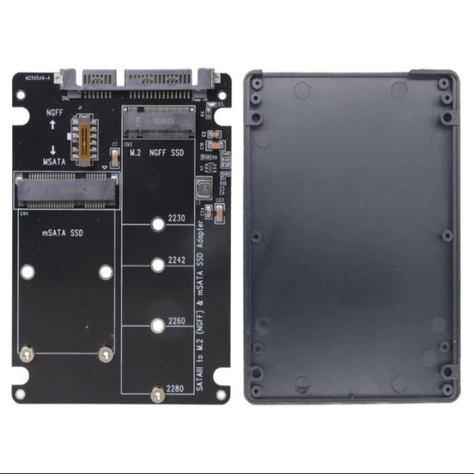 Front view of 2-in-1 M.2 and mSATA to SATA adapter board showing toggle switch