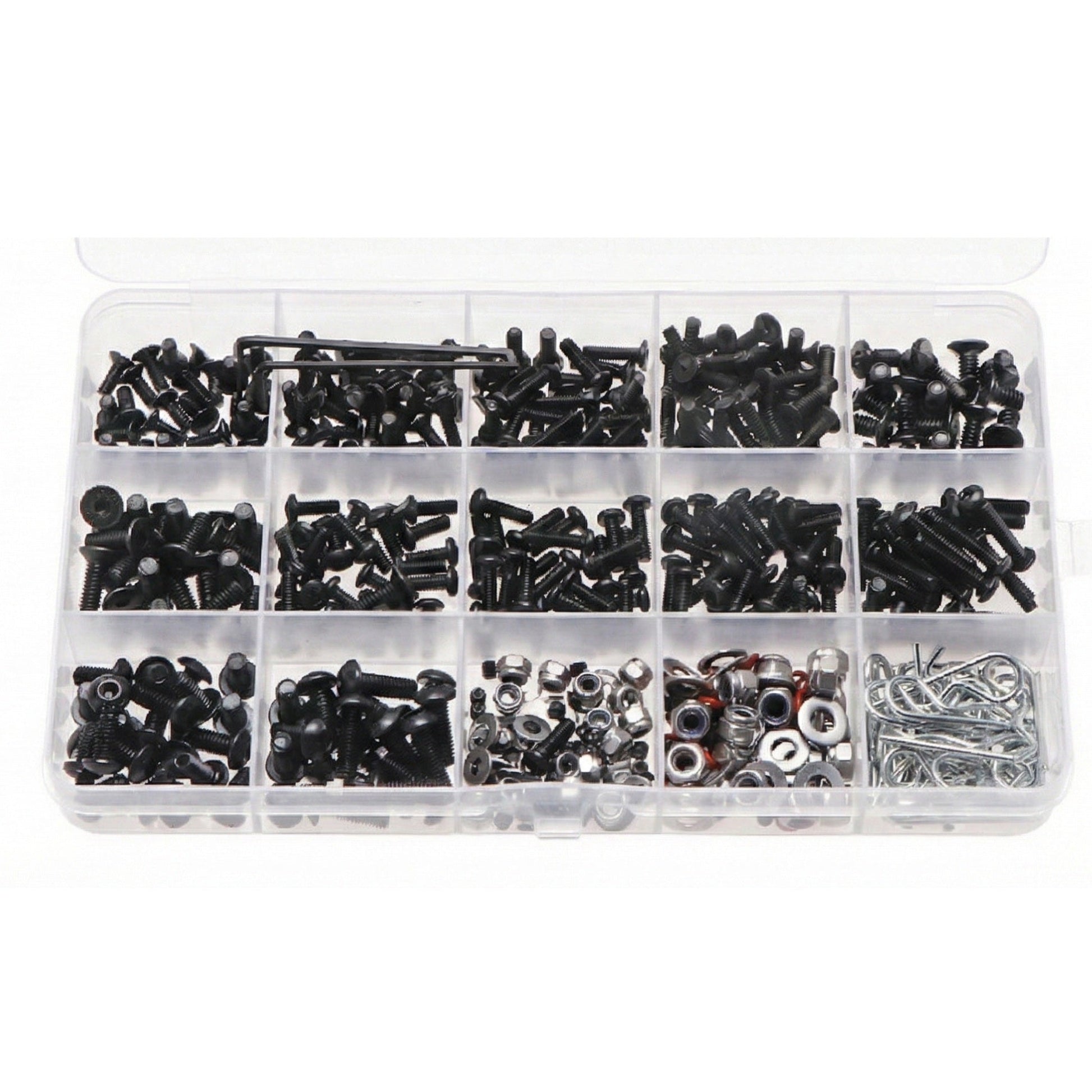 Organized plastic storage case filled with assorted black M3 M4 screws, nuts, and washers.