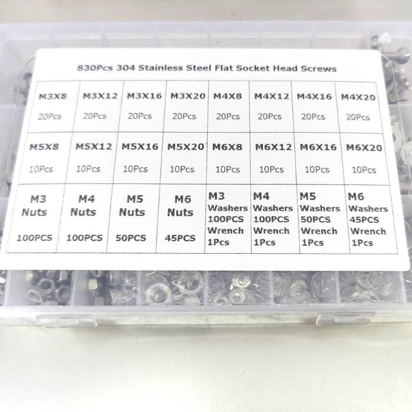 Technical size chart for M3 to M6 stainless steel hex screws.