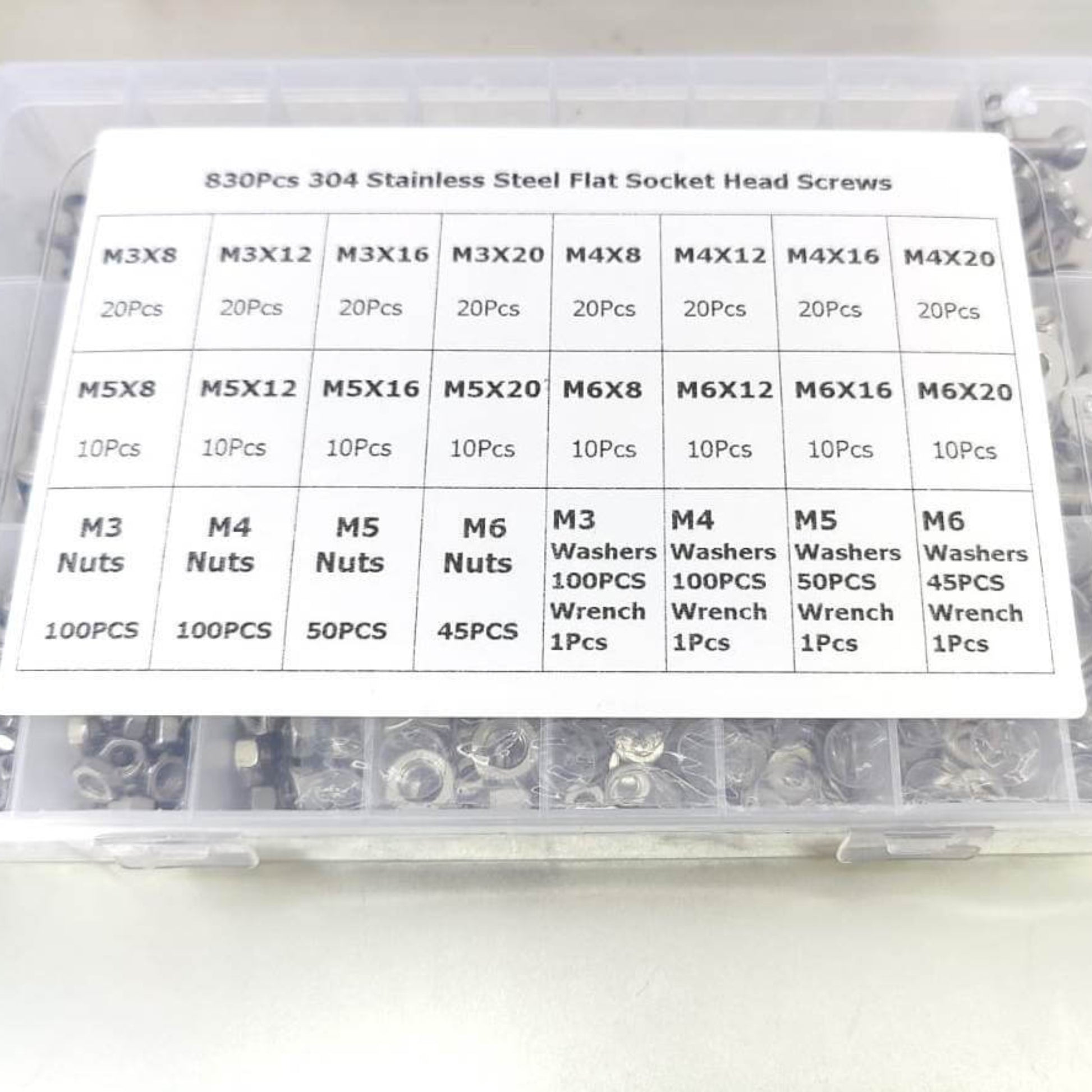 Technical size chart for M3 to M6 stainless steel hex screws.