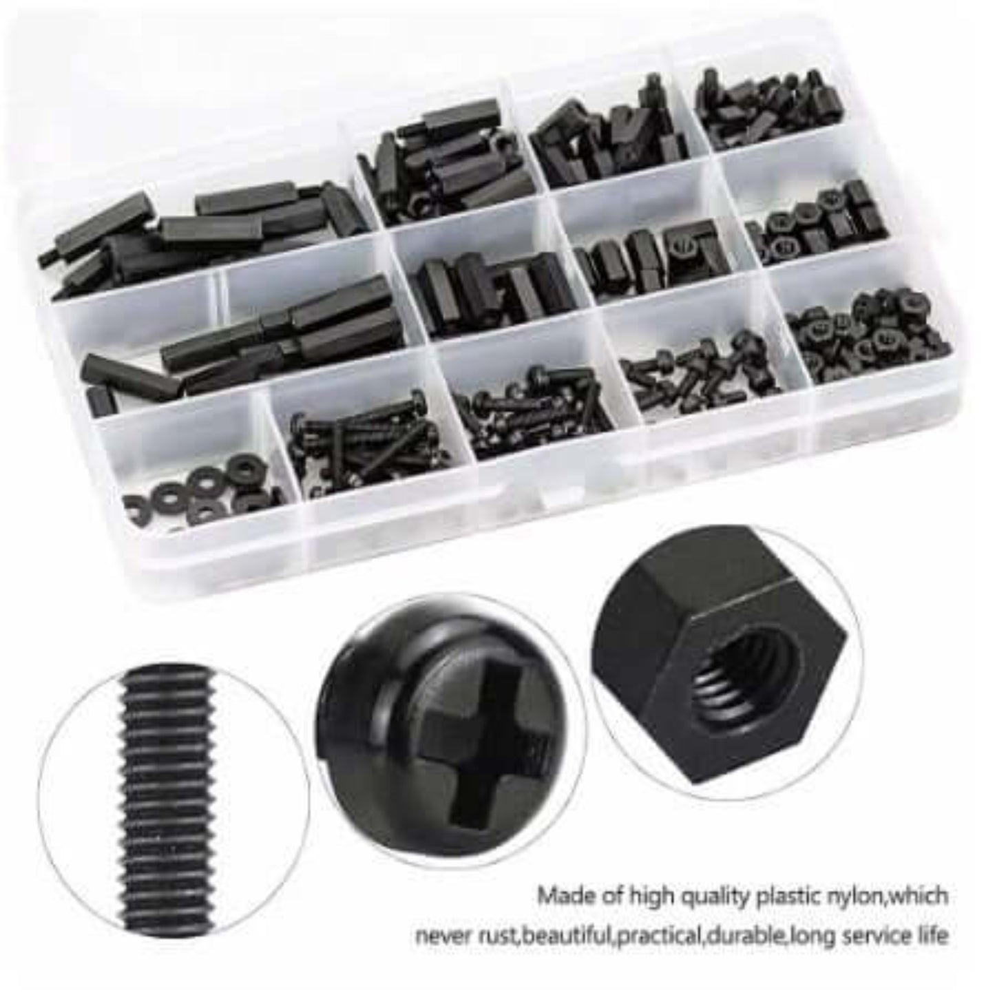 260PCS M3 Nylon Hex Standoff, Screw, and Nut Kit assortment in organized plastic box, showing close-up of screw thread, Phillips head, and hex nut.