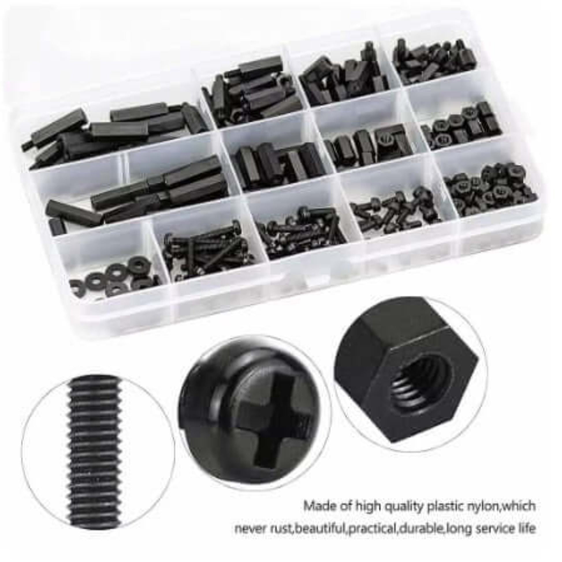260PCS M3 Nylon Hex Standoff, Screw, and Nut Kit assortment in organized plastic box, showing close-up of screw thread, Phillips head, and hex nut.