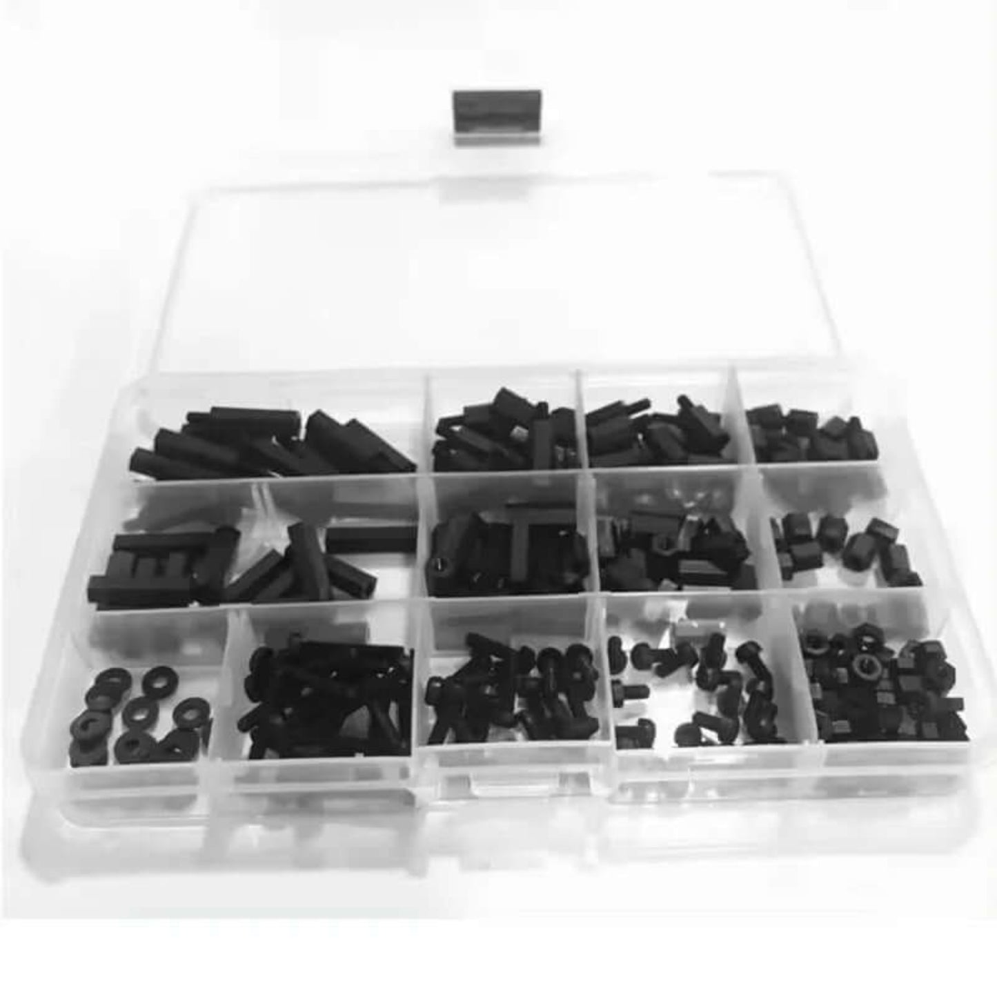 Overhead view of the 260-piece M3 nylon screw and standoff kit in the clear storage box.