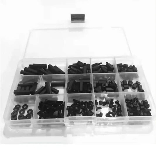 Overhead view of the 260-piece M3 nylon screw and standoff kit in the clear storage box.
