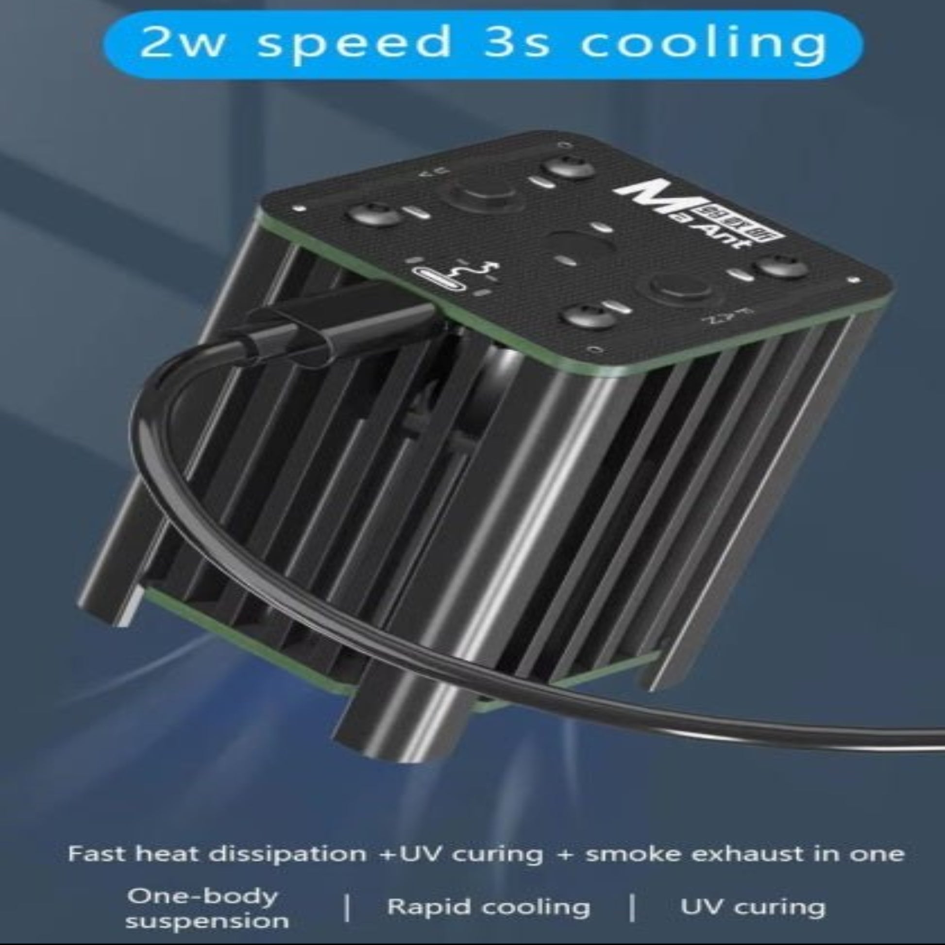 Type-C UV cooling fan with rapid cooling, 2 speed settings, and smoke exhaust features for effective maintenance.