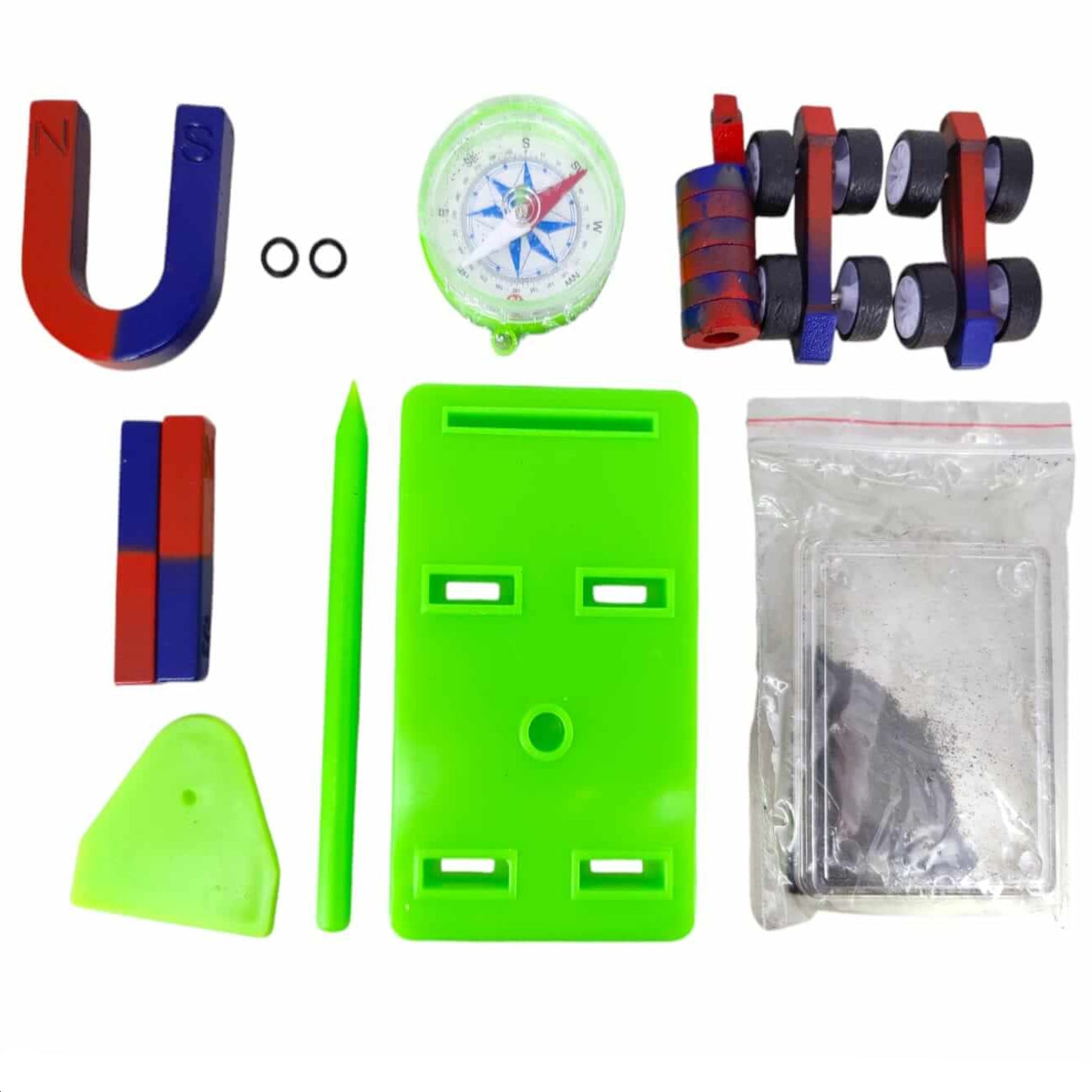 U-shape magnet, bar magnets, compass, and iron filings included in the STEM physics kit
