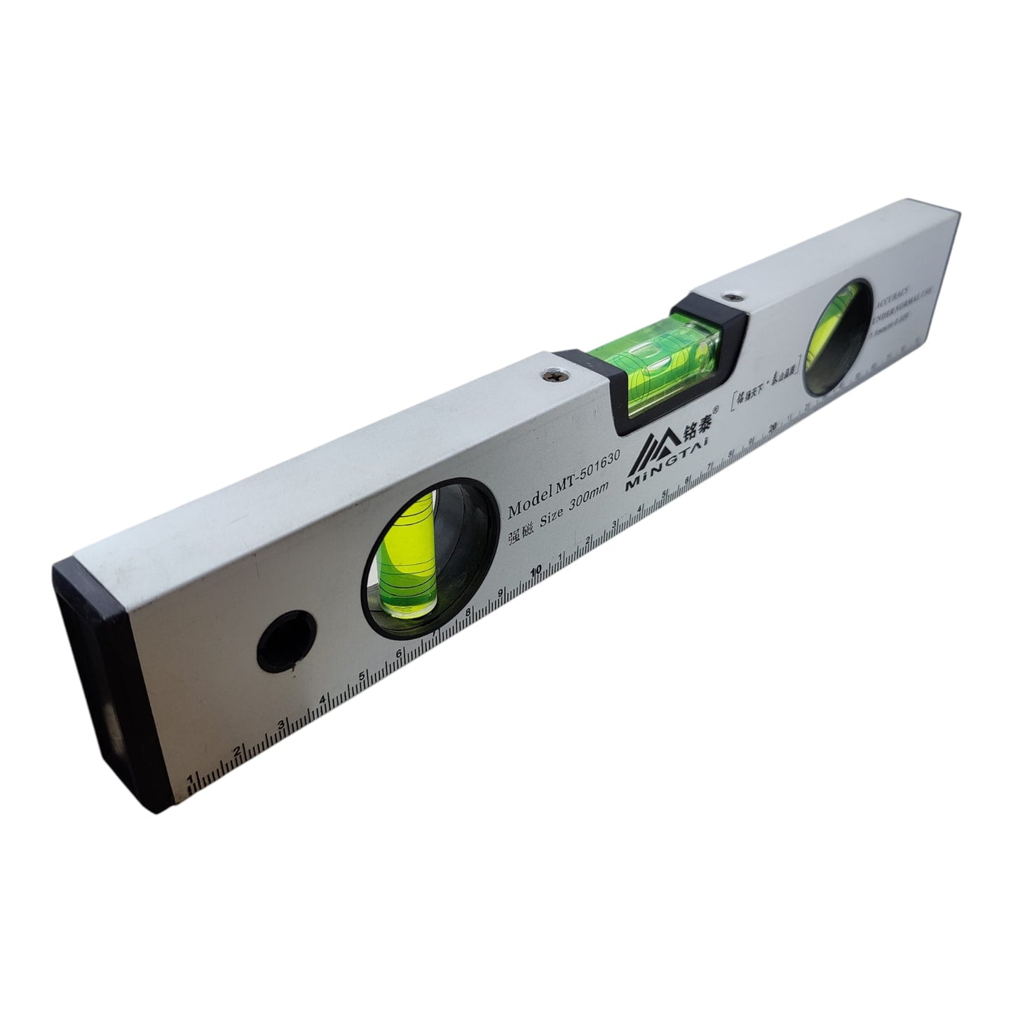 30cm magnetic spirit level featuring 3 green bubble vials and integrated metric/imperial ruler markings.