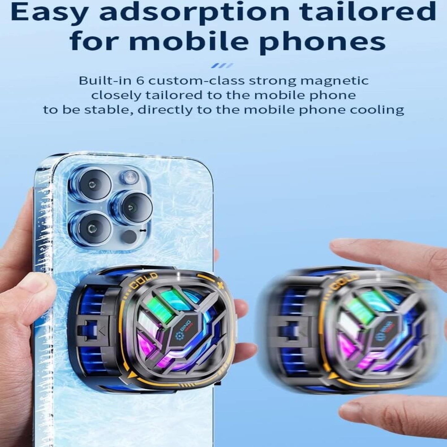 強力磁吸設計，一貼即合，緊貼手機發熱位置實現精準降溫。