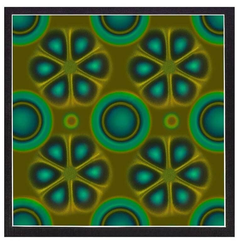 Pattern of colorful circular and floral designs in green and blue on a textured background