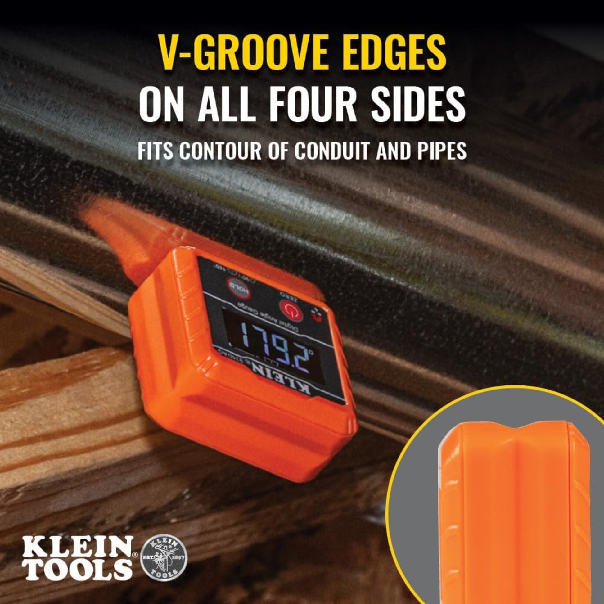 Klein Tools digital level mounted on conduit pipe using V-groove edge showing 179.2 degrees.