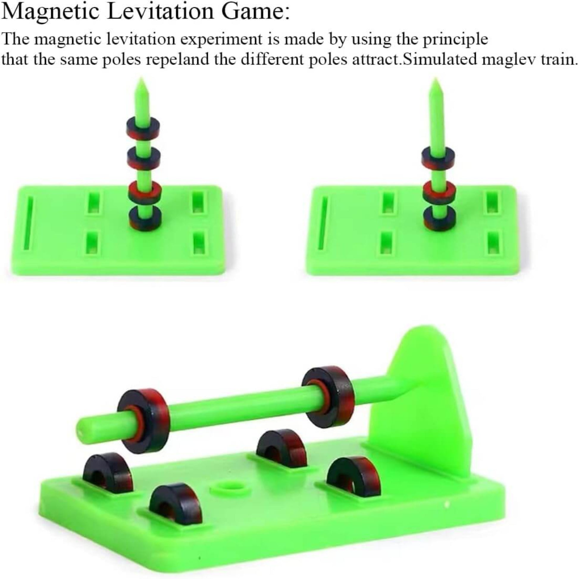 Ceramic ring magnets demonstrating magnetic levitation on a green plastic stand