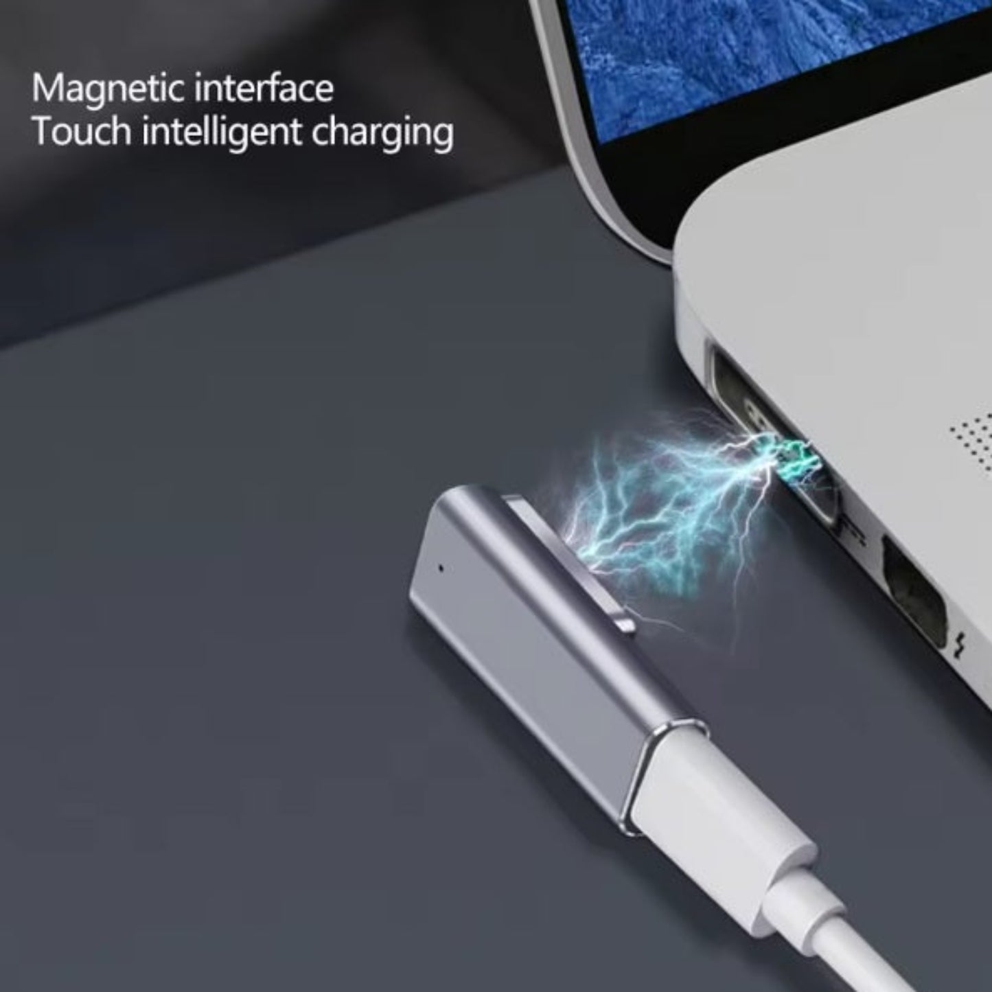 An illustration of the adapter's magnetic interface intelligently snapping into the charging port of a MacBook.