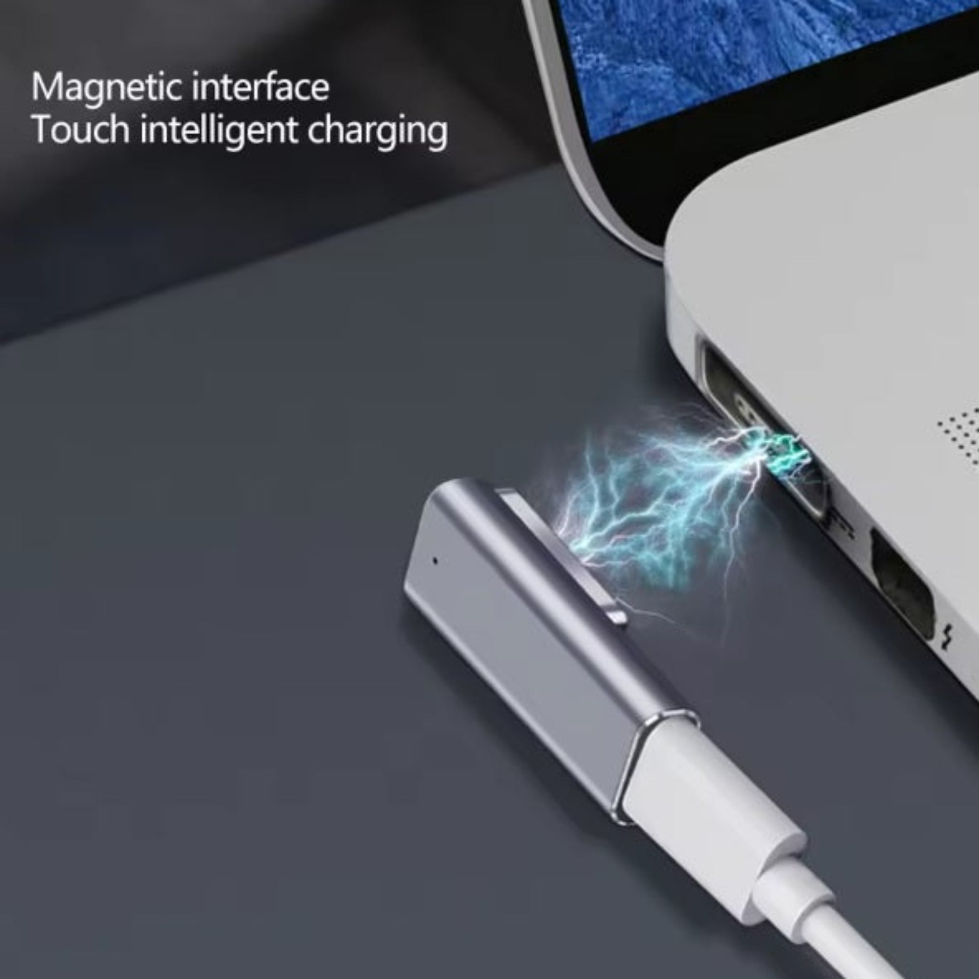 An illustration of the adapter's magnetic interface intelligently snapping into the charging port of a MacBook.