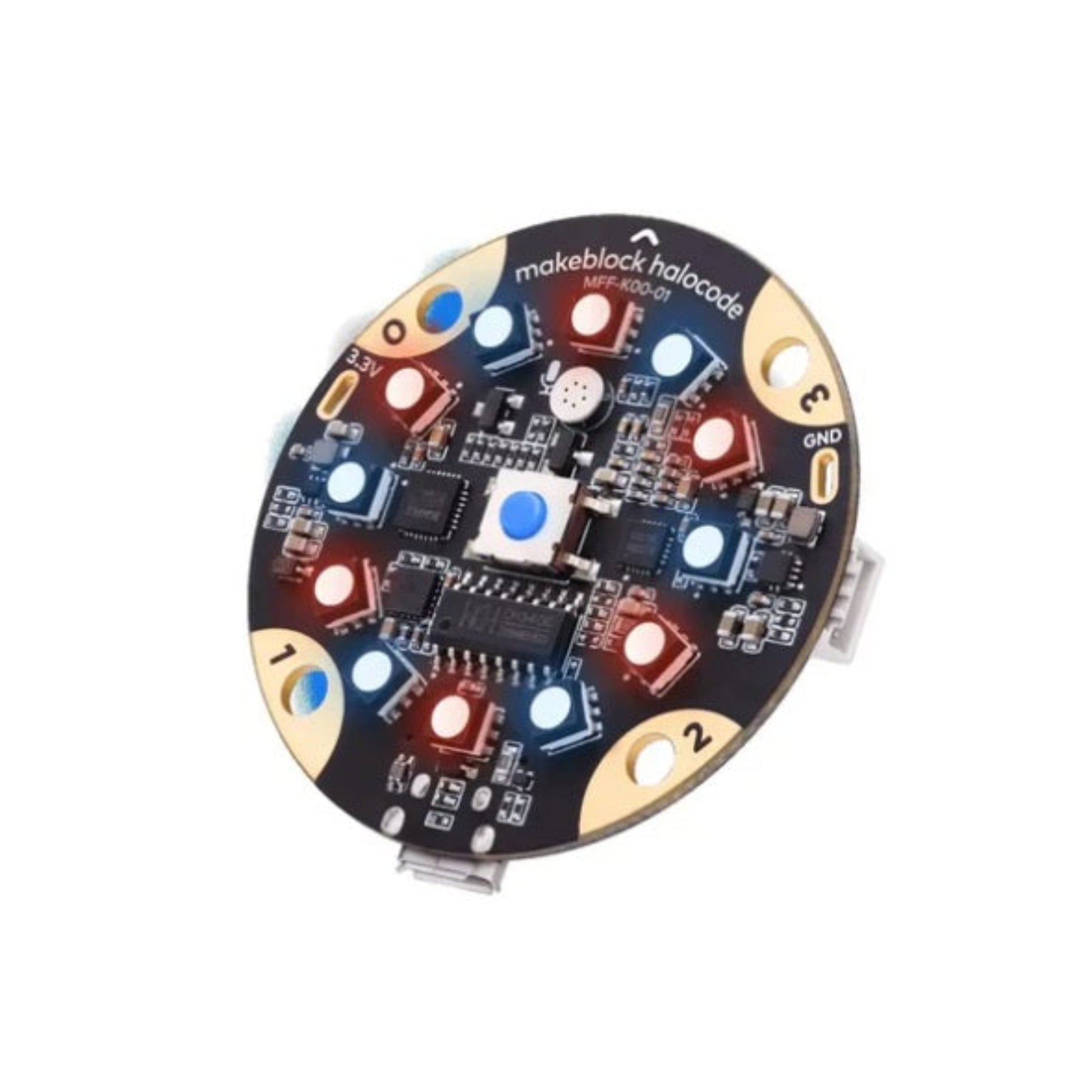 Top view of the Makeblock Halocode programmable single board computer, showing the 12 RGB LEDs and central programmable button.