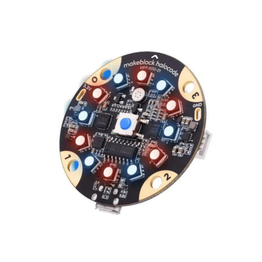 Top view of the Makeblock Halocode programmable single board computer, showing the 12 RGB LEDs and central programmable button.