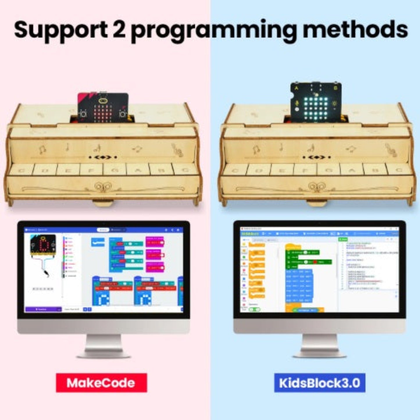The DIY Button Piano Kit supports two beginner-friendly programming methods: MakeCode and KidsBlock3.0.