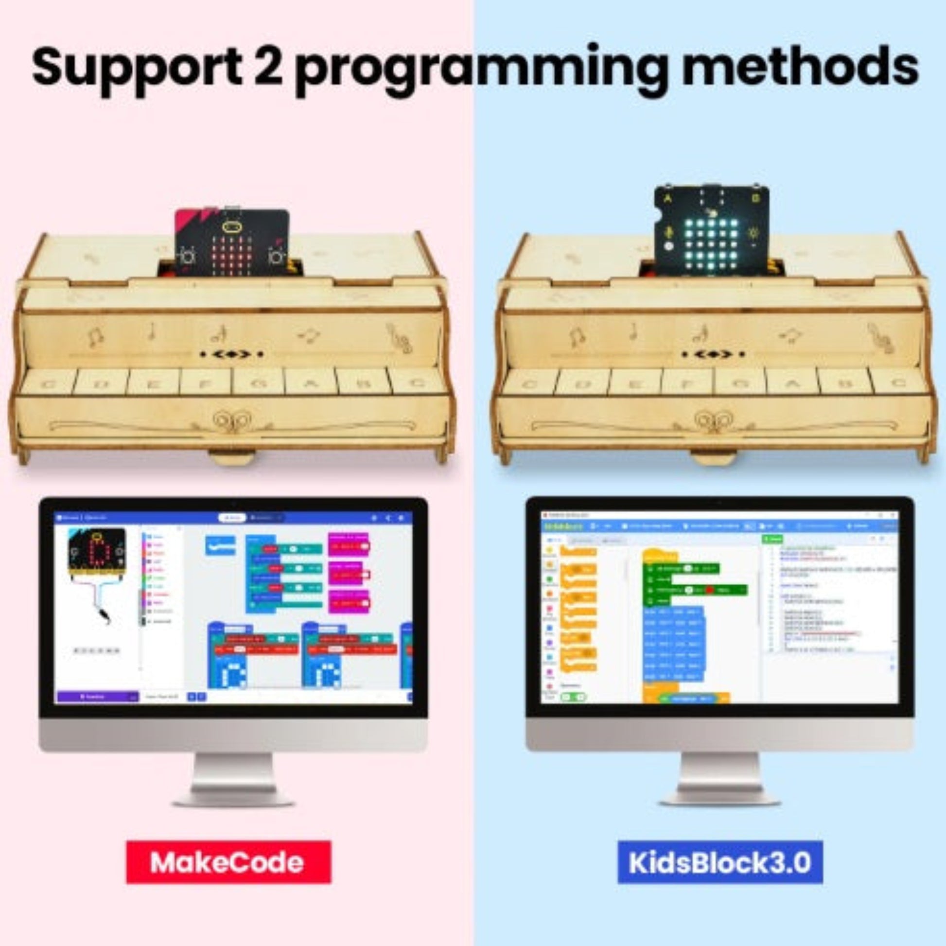 The DIY Button Piano Kit supports two beginner-friendly programming methods: MakeCode and KidsBlock3.0.