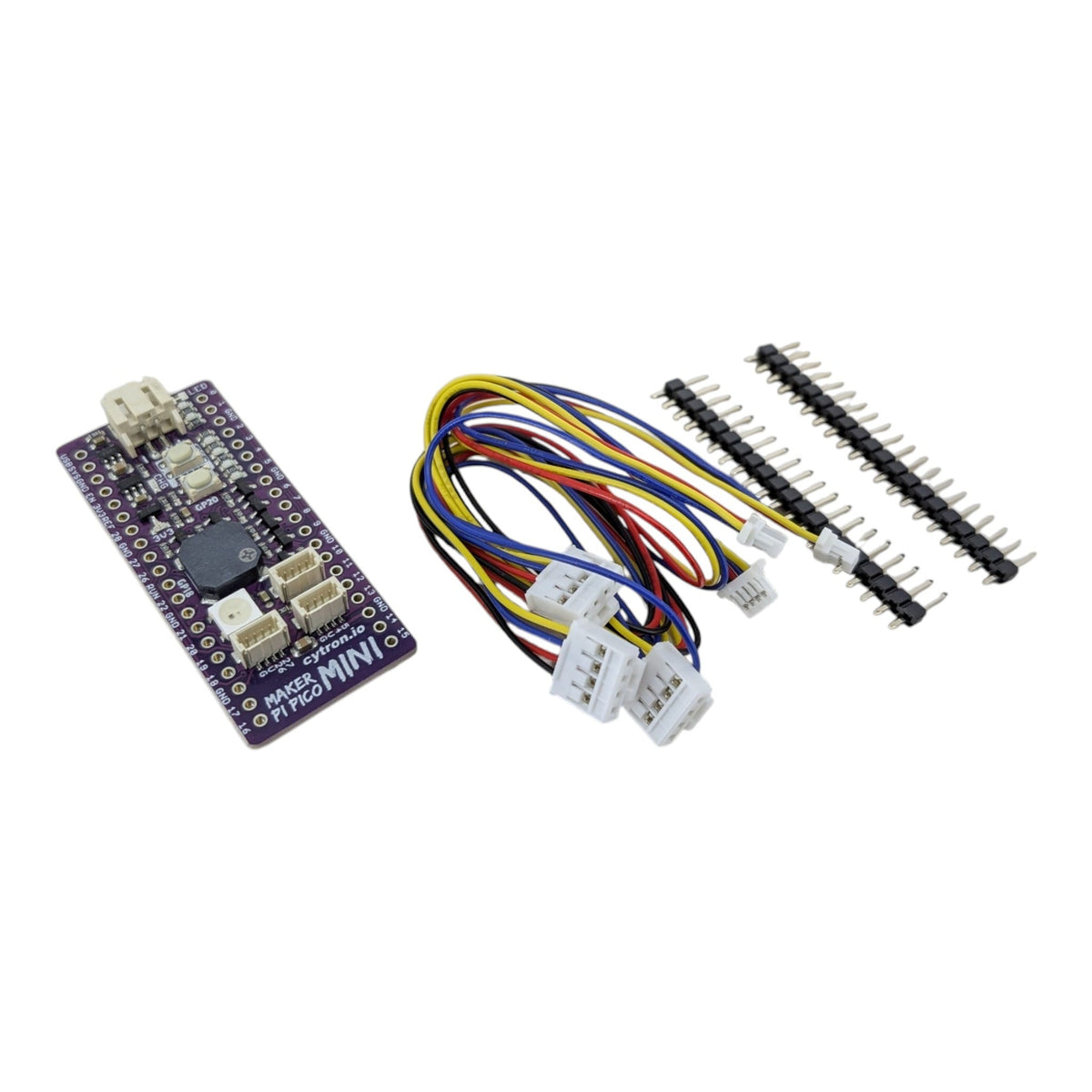 Maker Pi Pico Mini W 的完整包裝內容，包含底板、Grove 轉 JST-SH 轉換線及未焊接的排針。