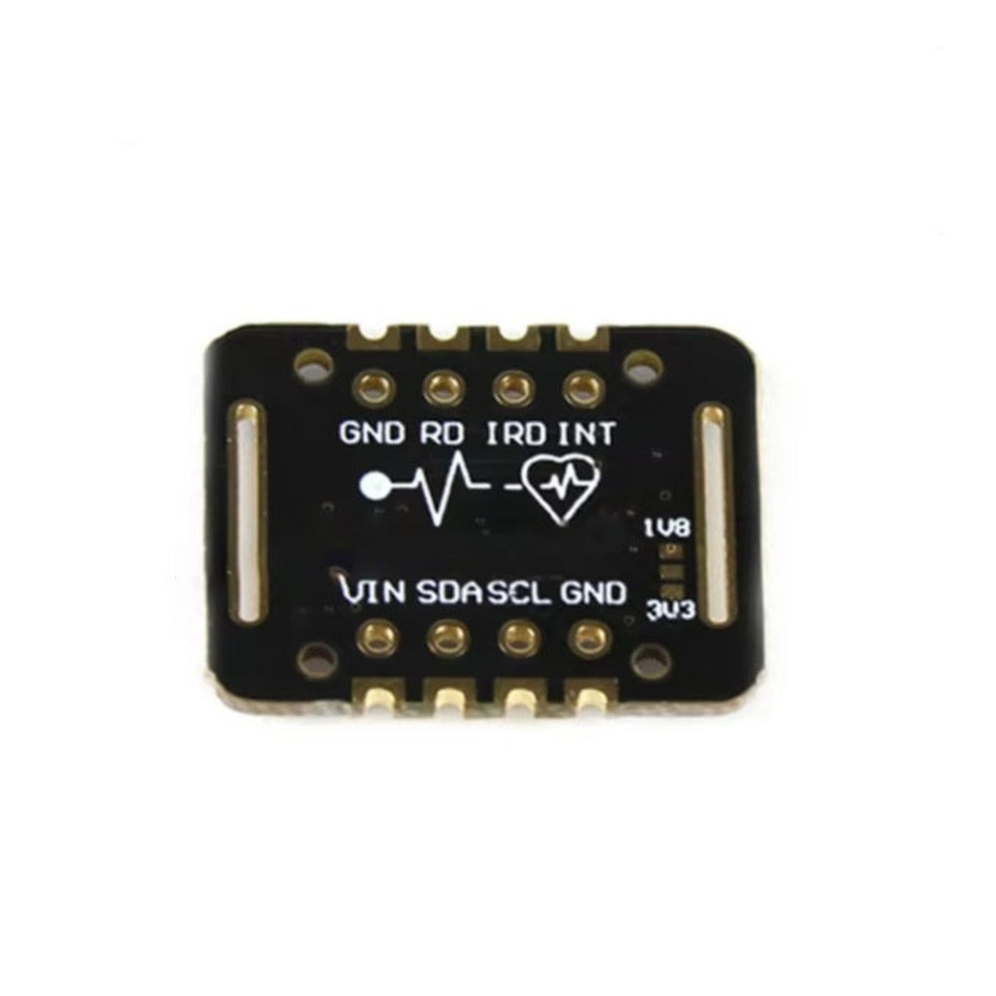 Pinout diagram of the MAX30102 sensor, highlighting the VIN, GND, SDA, and SCL pins for I2C communication.