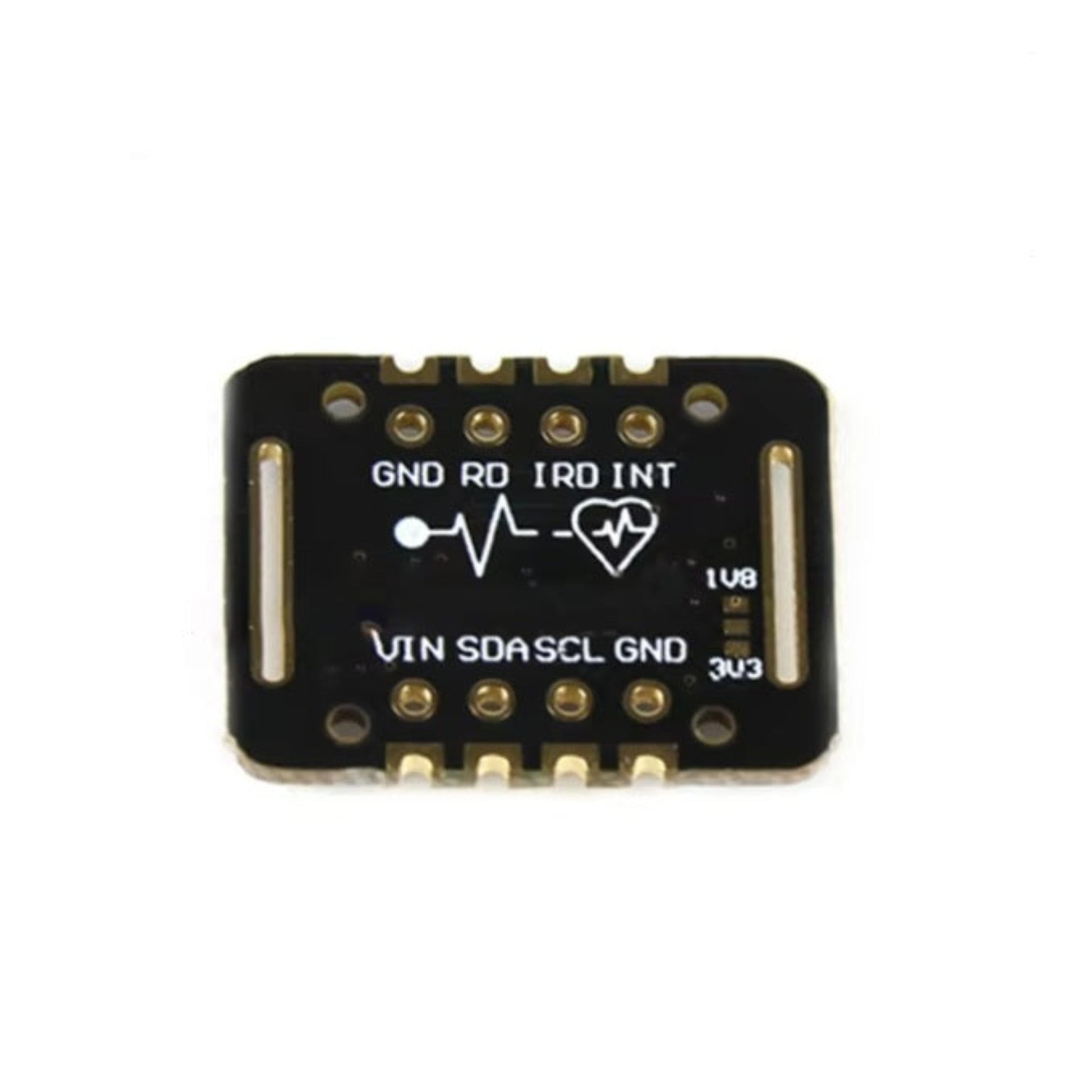 Pinout diagram of the MAX30102 sensor, highlighting the VIN, GND, SDA, and SCL pins for I2C communication.