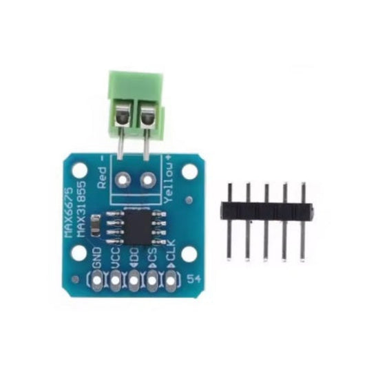 MAX6675 module kit contents including the PCB board with terminal block and separate 5-pin header.