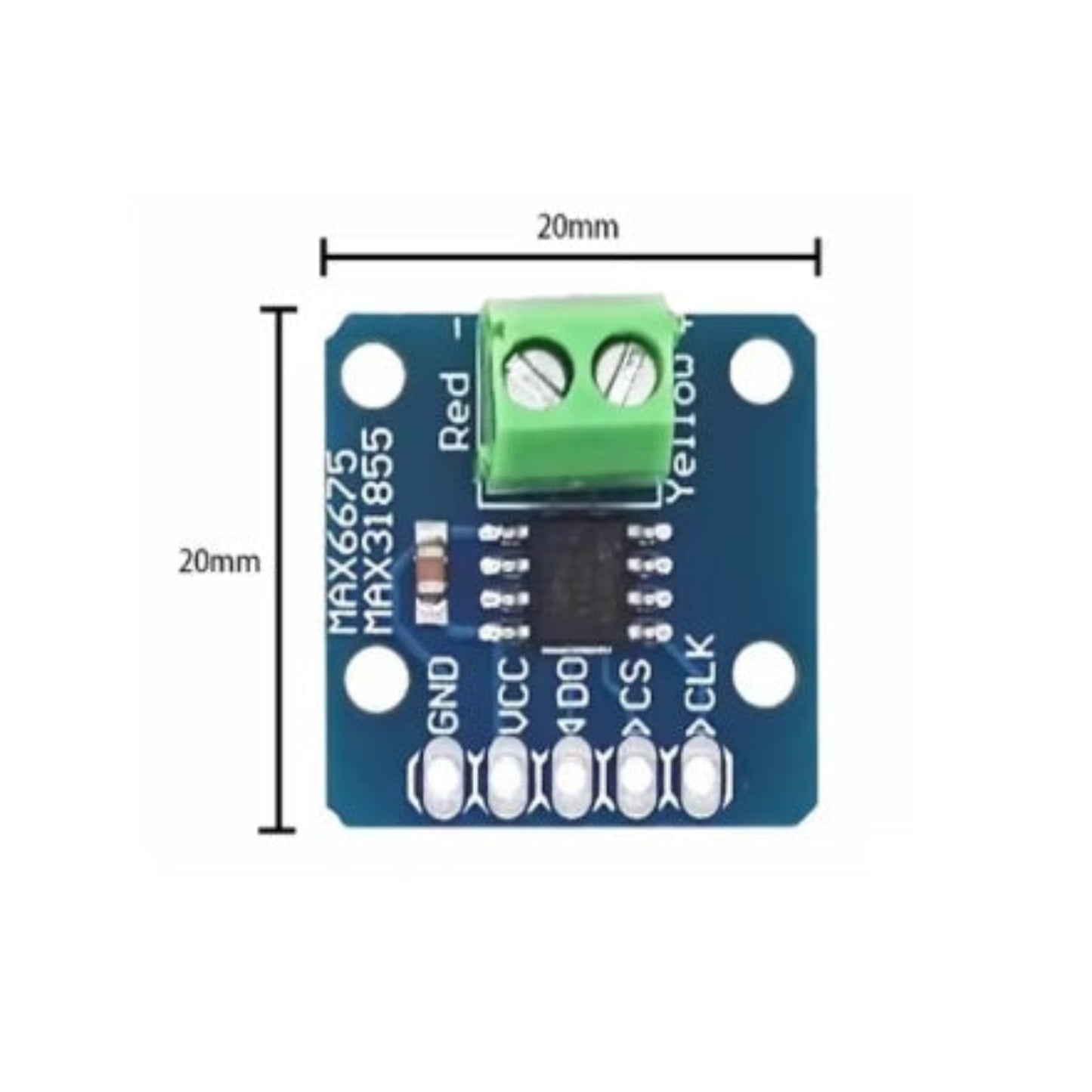 Top view of MAX6675 Thermocouple Module showing 20mm x 20mm dimensions and screw terminal connectors.