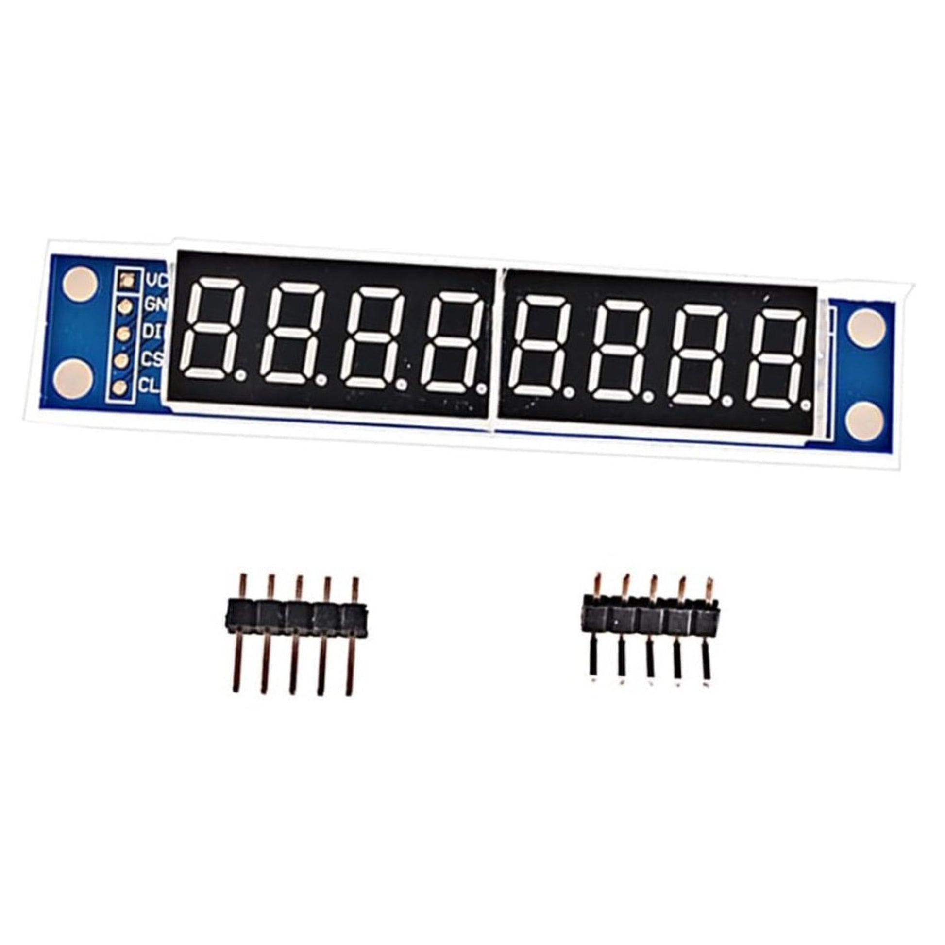 MAX7219 8-digit LED digital tube module alongside its included straight and right-angle pin headers.