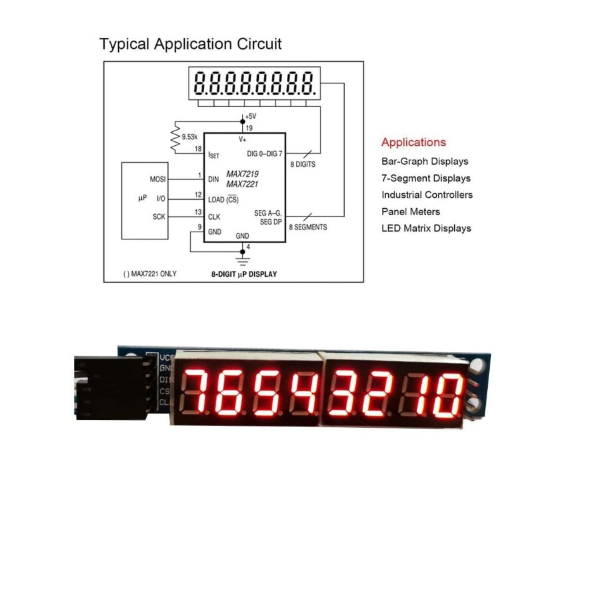 Typical application circuit diagram showing how to wire the MAX7219 common-cathode display driver to a microprocessor.
