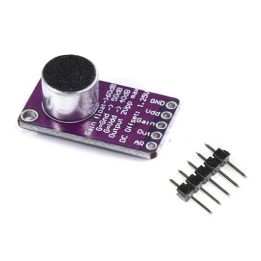 Front view of the MAX9814 electret microphone amplifier module, showing the silver mic capsule and the purple PCB with gain setting instructions.
