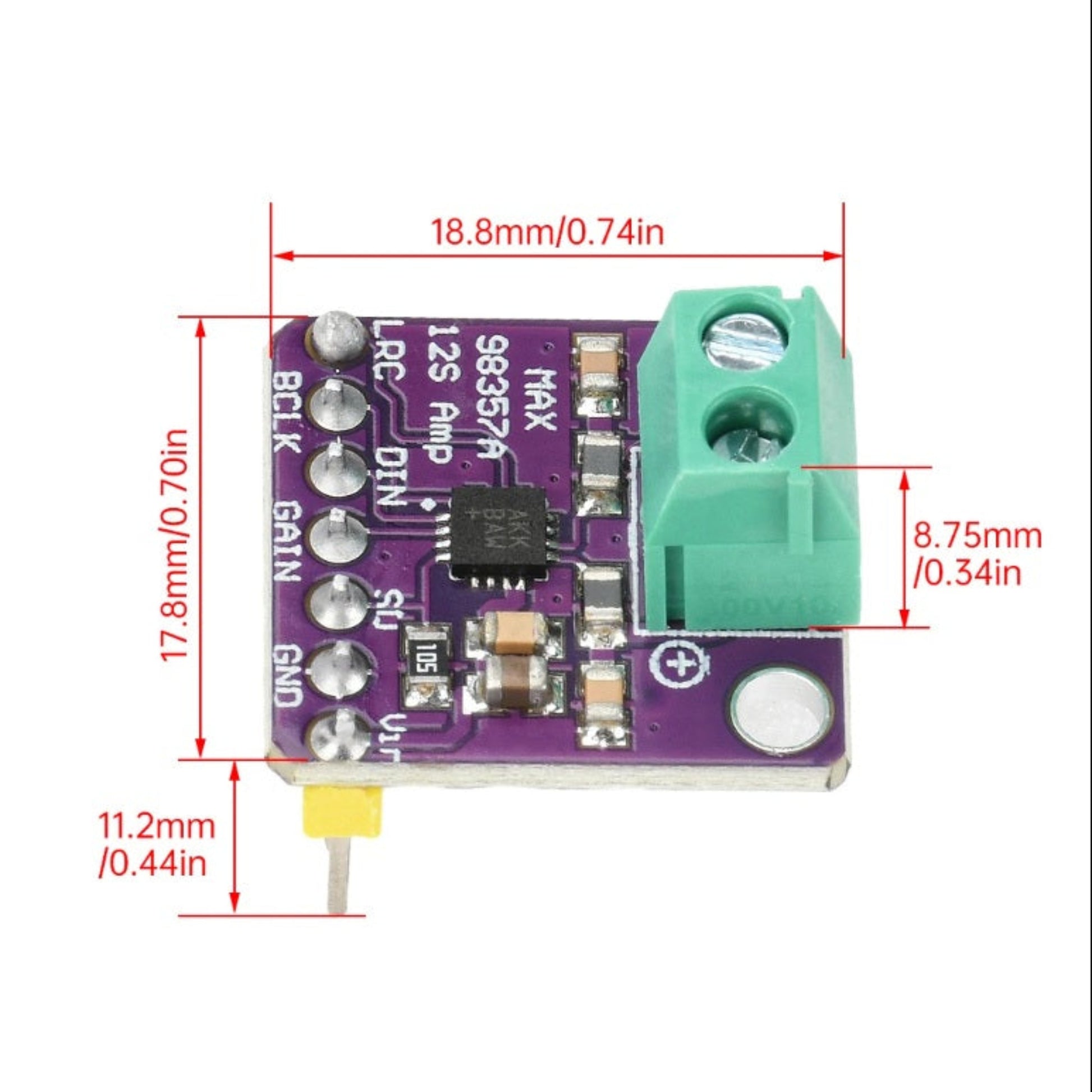 Schematic showing dimensions of the MAX98357A amplifier module, 18.8mm by 17.8mm.