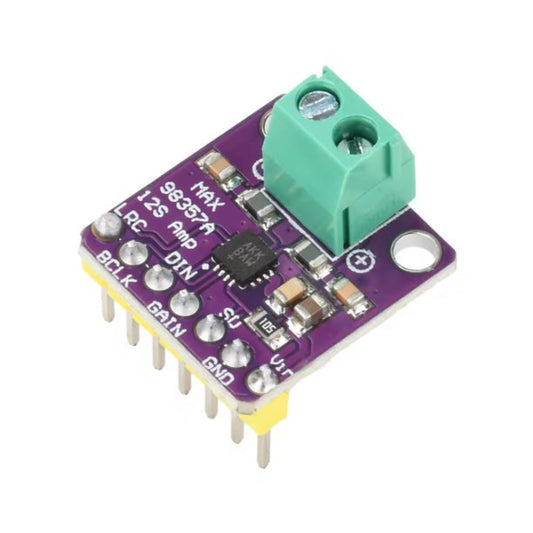 Front view of the MAX98357A I2S audio amplifier module with pre-soldered pins and green screw terminal.