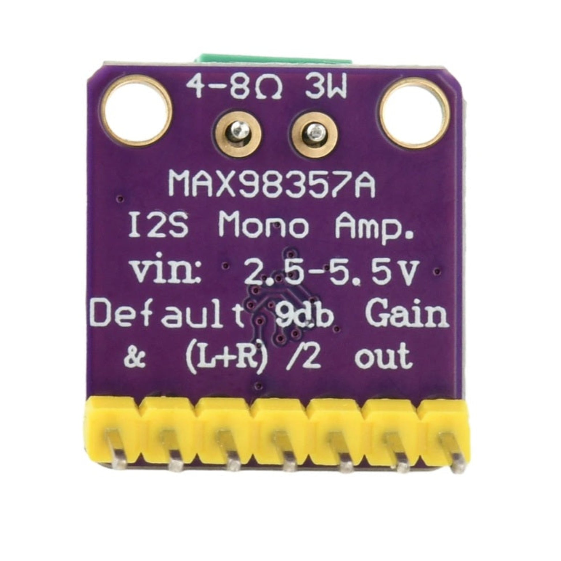 Bottom view of the MAX98357A PCB showing I2S Mono Amp text and 2.5-5.5V input requirements.