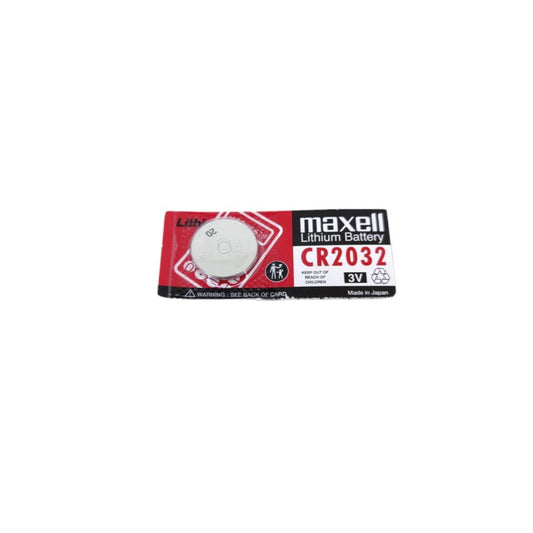 Maxell CR2032 Lithium battery packaging, 3V button cell battery, ideal for clocks, thermometers, and more.