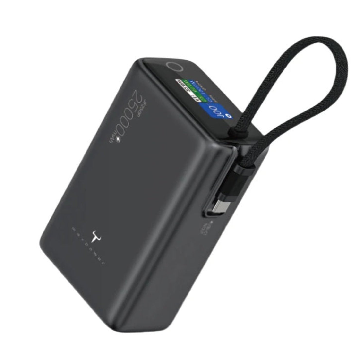 Highlighting the integrated USB-C cable that functions as a carrying strap.