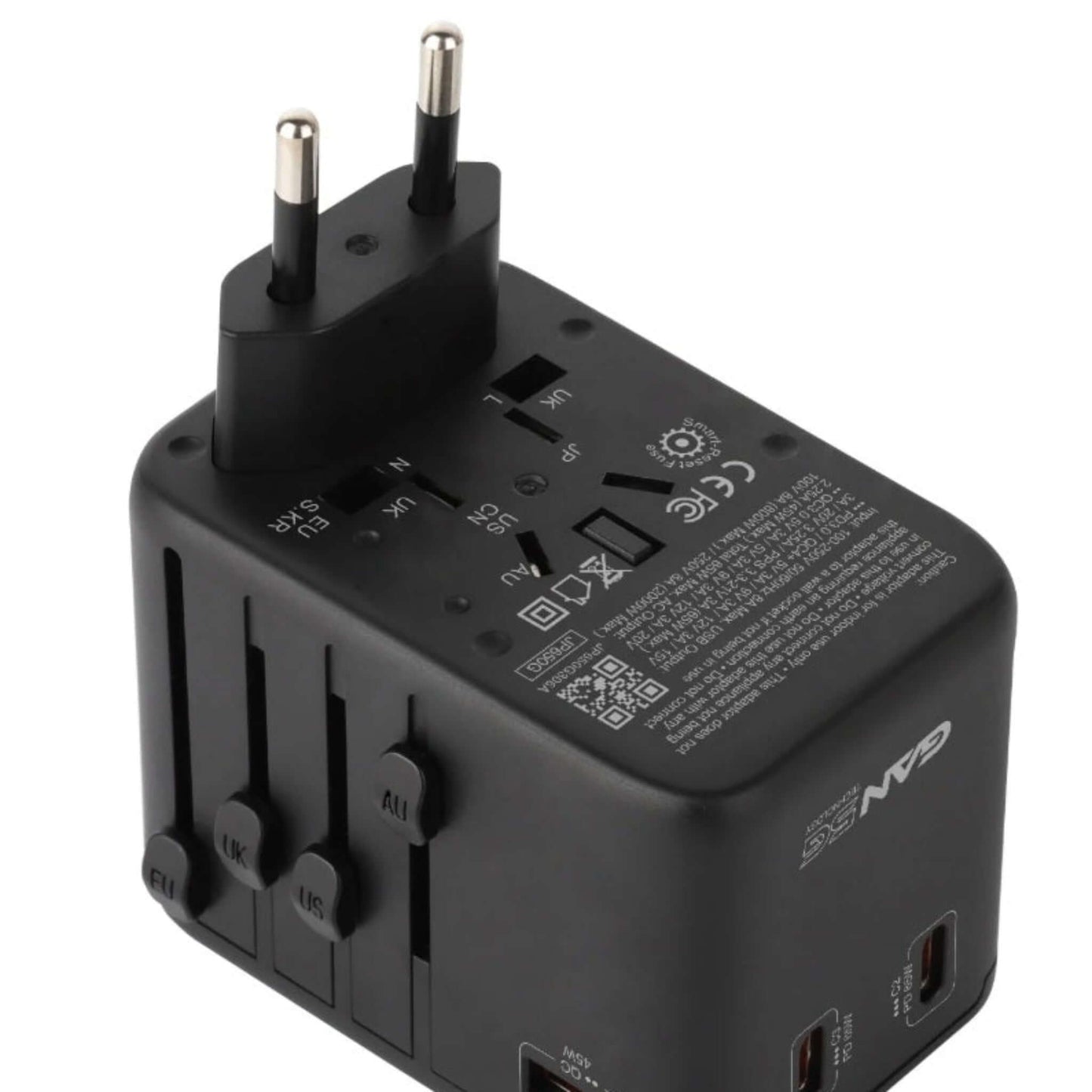 Maxpower JP650G 65W GaN universal travel adapter with 4 USB ports and multiple plug configurations.