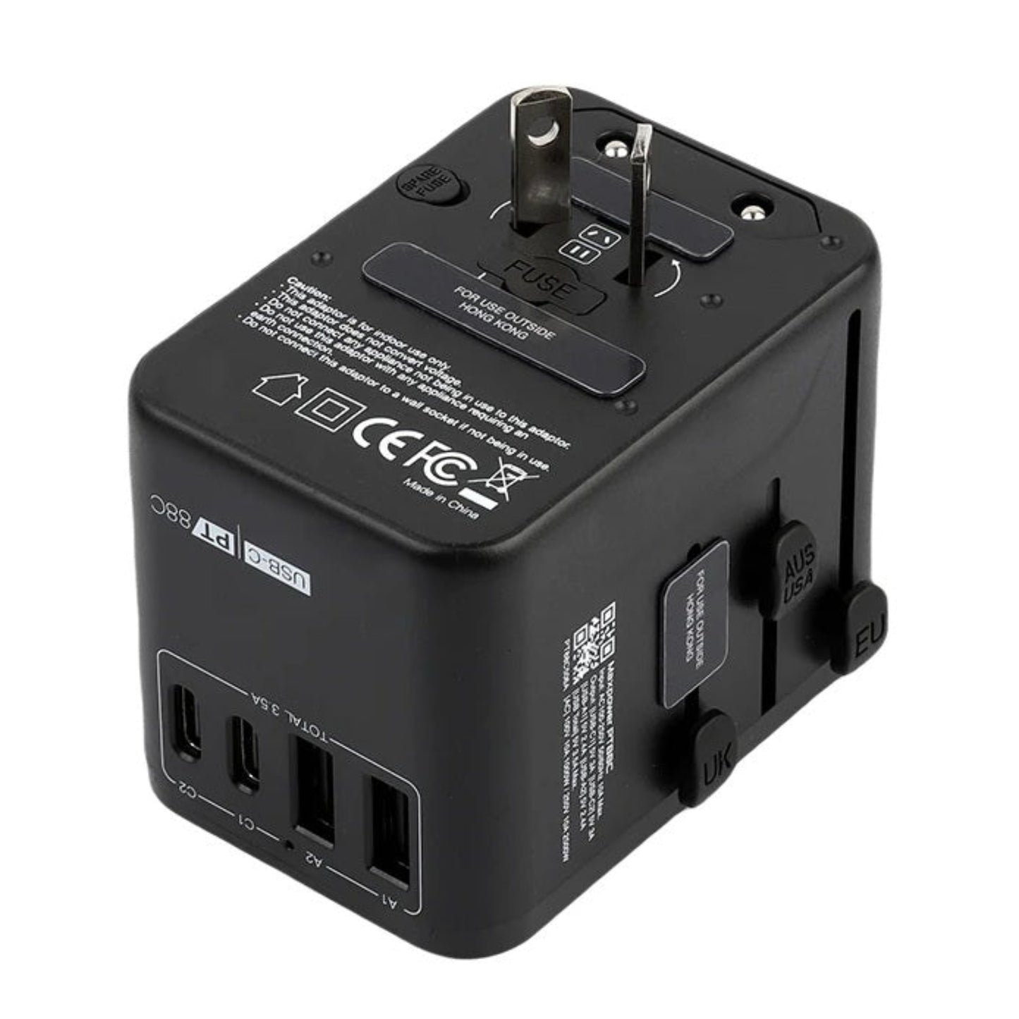 Maxpower PT88C 4-port universal travel adapter in black showing USB-C and USB-A ports.