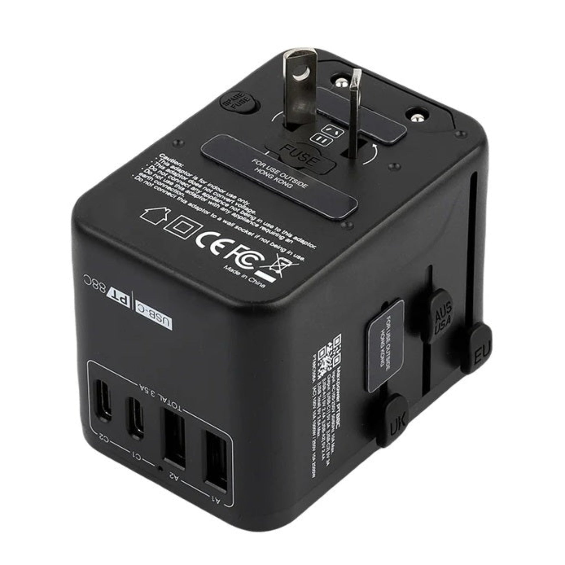Maxpower PT88C 4-port universal travel adapter in black showing USB-C and USB-A ports.