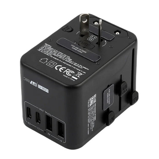 Maxpower PT88C 4-port universal travel adapter in black showing USB-C and USB-A ports.