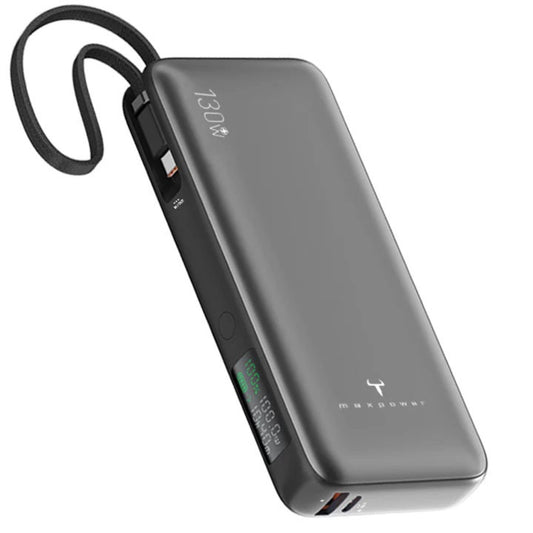 Maxpower 20000mAh 130W power bank with dual USB ports and Type-C, ideal for fast charging laptops and devices.