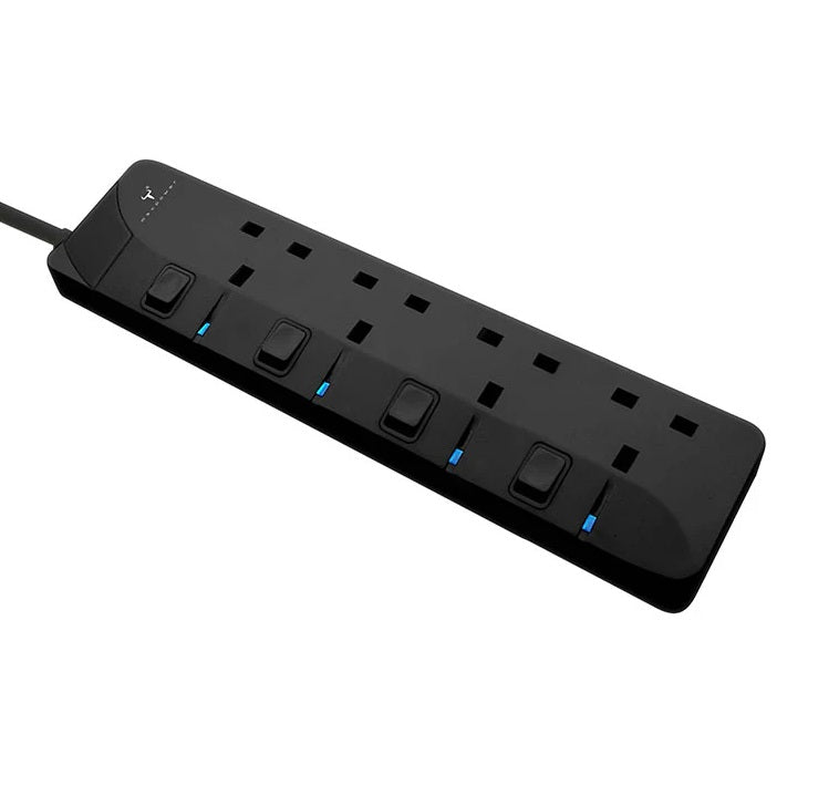 Close-up of the individual switches and blue LED indicators on the Maxpower RX40 power strip.