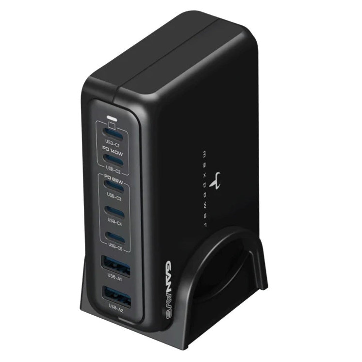 牛魔王 TF880XJ 140W 7 位 GaN USB 充電器配合直立底座使用，提供 5 個 USB-C 及 2 個 USB-A 接口，完美節省桌面空間。